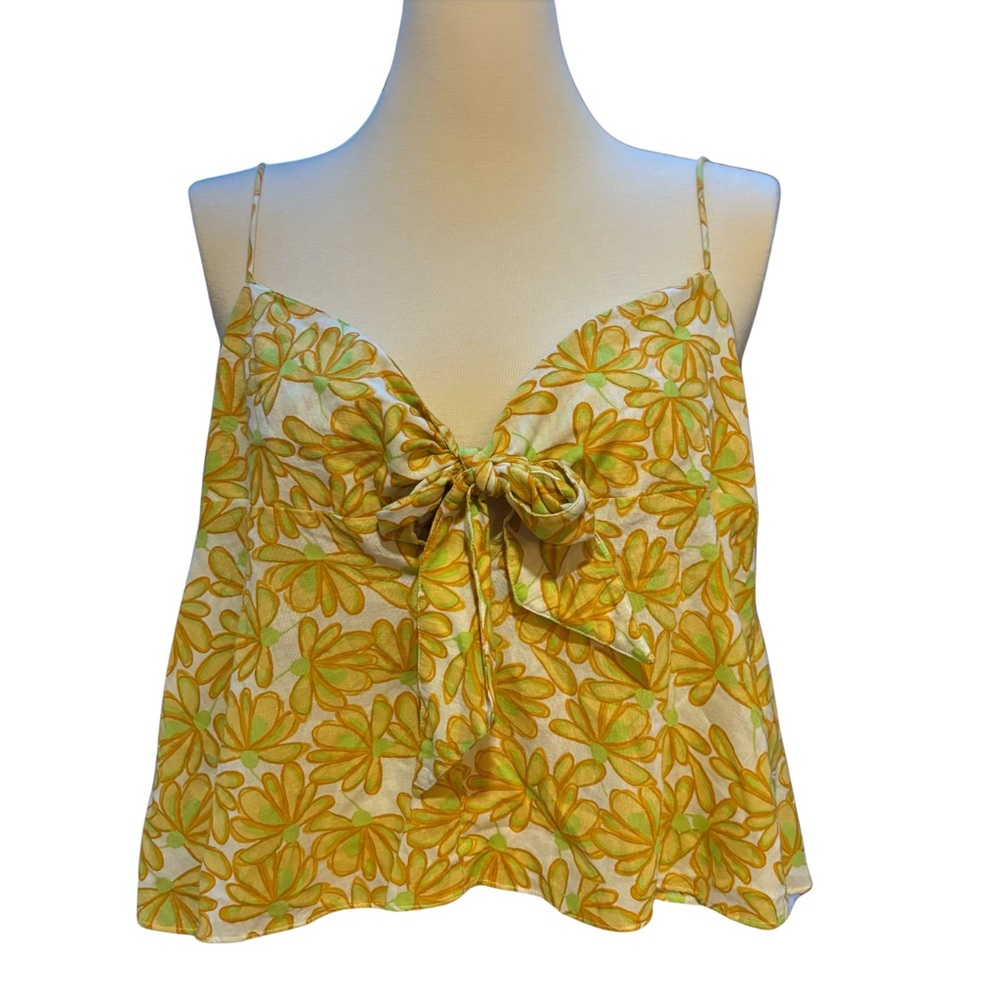 NWT Zara Daisy Floral Tie Front Cami Boho Top Size XL Yellow Green